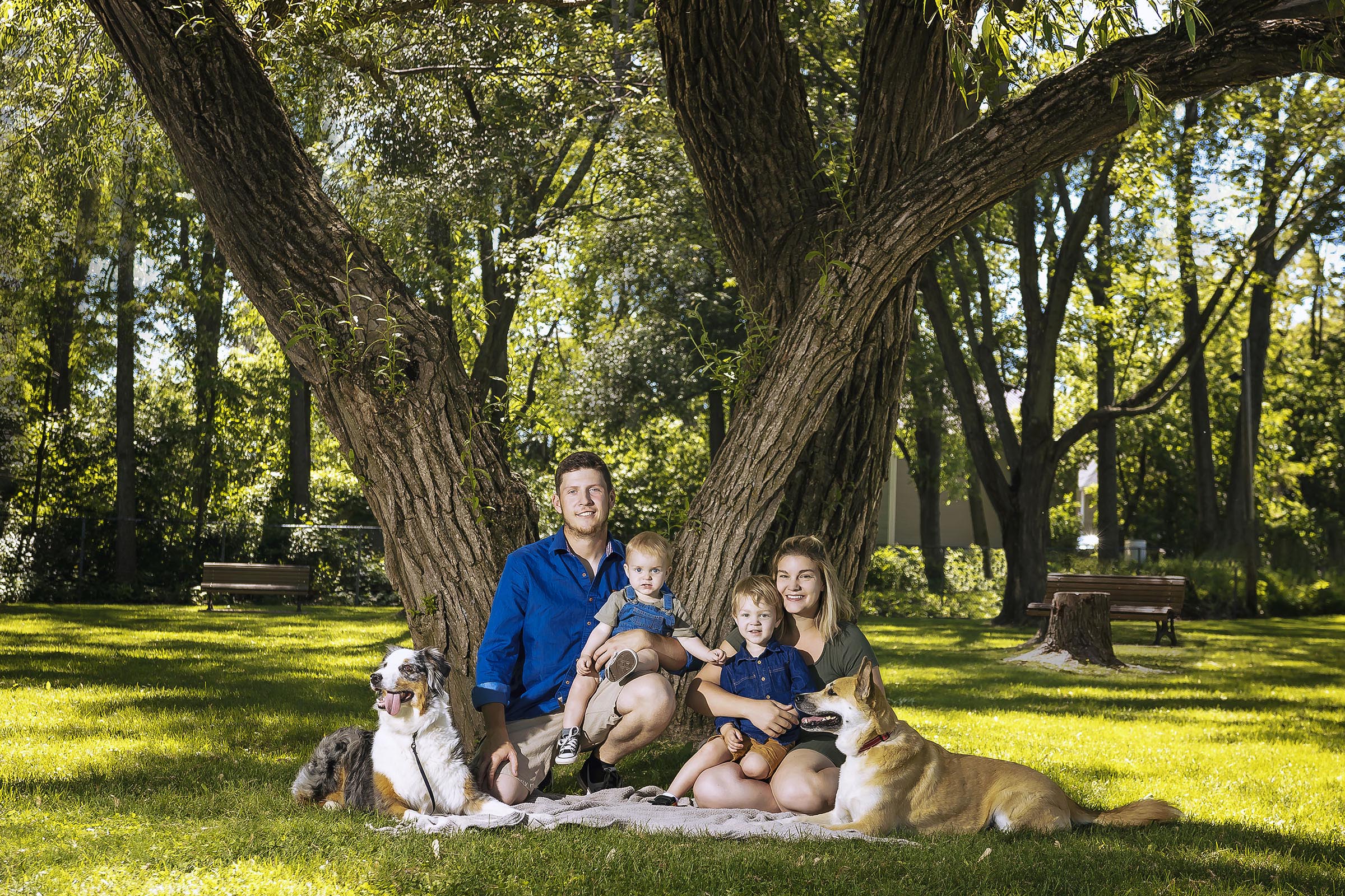 Portrait famille souriant avec deux jeunes garçons et chiens assis sous un arbre dans un parc par Tobi Malette photographe Vaudreuil-Soulanges et ouest de l'ile de montreal